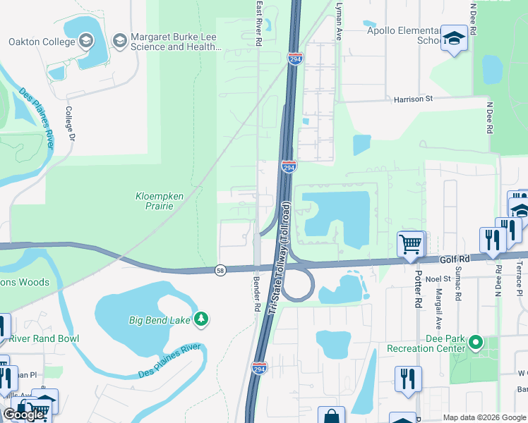 map of restaurants, bars, coffee shops, grocery stores, and more near 51 East River Road in Des Plaines