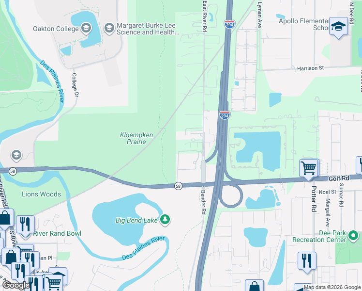 map of restaurants, bars, coffee shops, grocery stores, and more near 150 East River Road in Des Plaines
