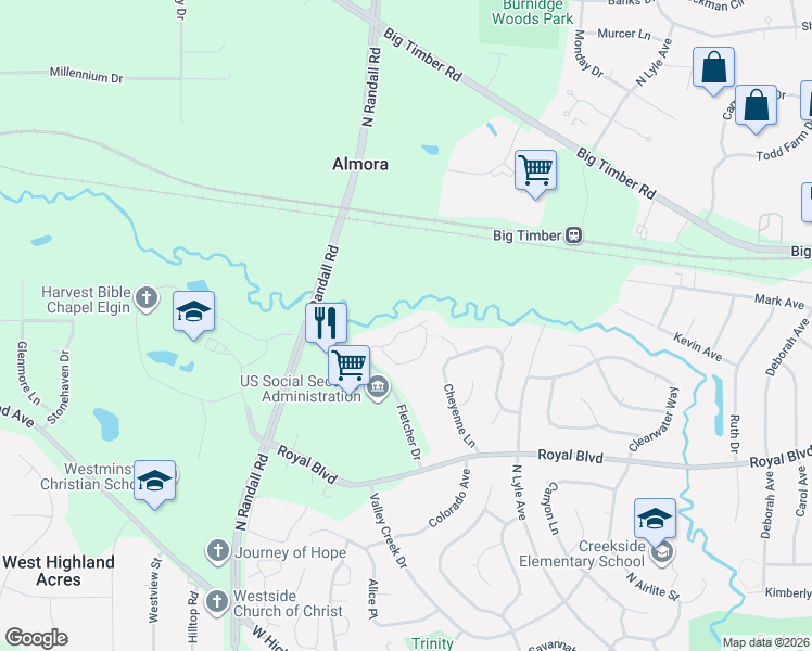 map of restaurants, bars, coffee shops, grocery stores, and more near 897 Millcreek Circle in Elgin