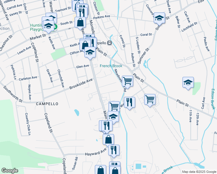 map of restaurants, bars, coffee shops, grocery stores, and more near 19 Holmes Street in Brockton