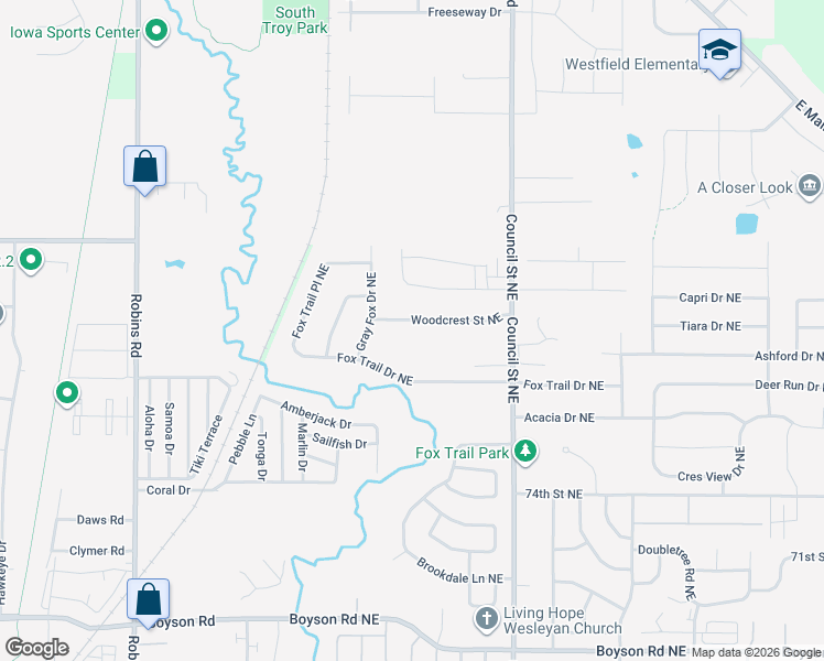 map of restaurants, bars, coffee shops, grocery stores, and more near 1720 Fox Trail Drive Northeast in Cedar Rapids