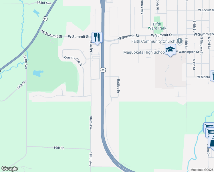 map of restaurants, bars, coffee shops, grocery stores, and more near 1701-2699 U.S. 61 in Maquoketa