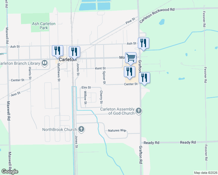 map of restaurants, bars, coffee shops, grocery stores, and more near 12368 Cherry Street in Carleton