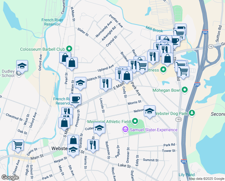 map of restaurants, bars, coffee shops, grocery stores, and more near 10 Deslauriers Avenue in Webster