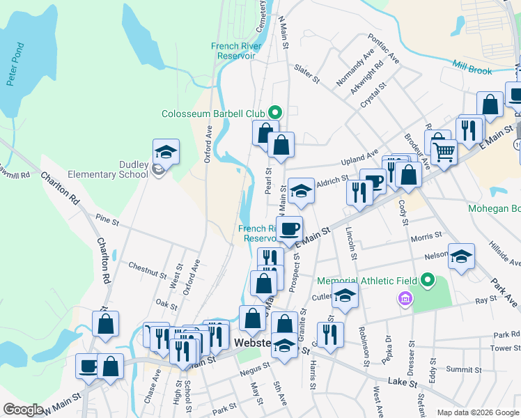 map of restaurants, bars, coffee shops, grocery stores, and more near 9 Church Court in Webster