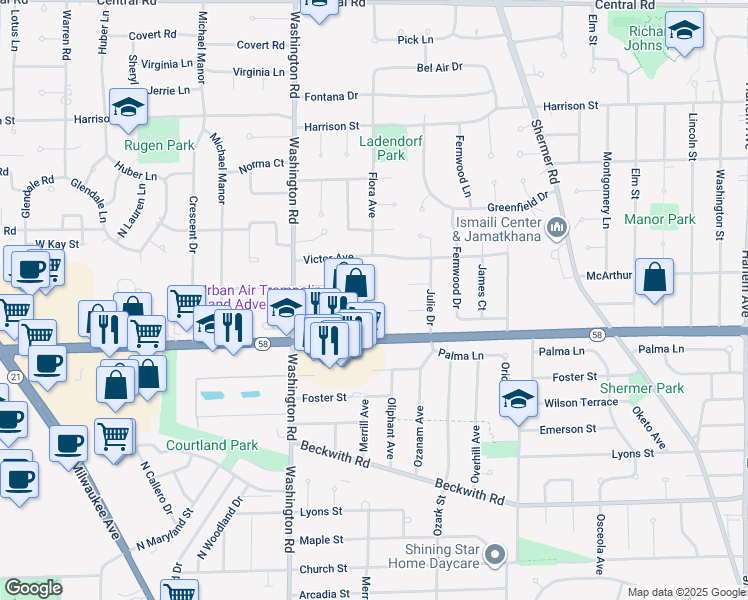 map of restaurants, bars, coffee shops, grocery stores, and more near 2580 Illinois 58 in Morton Grove