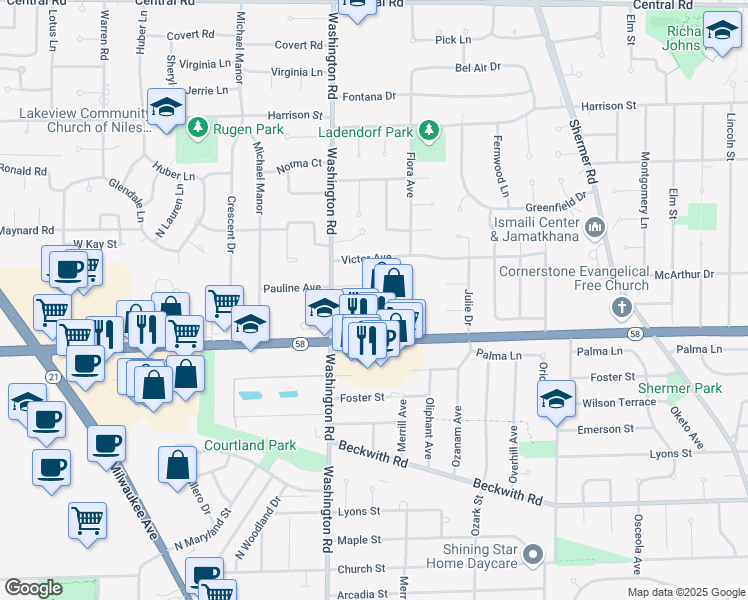map of restaurants, bars, coffee shops, grocery stores, and more near 2626 Golf Road in Glenview