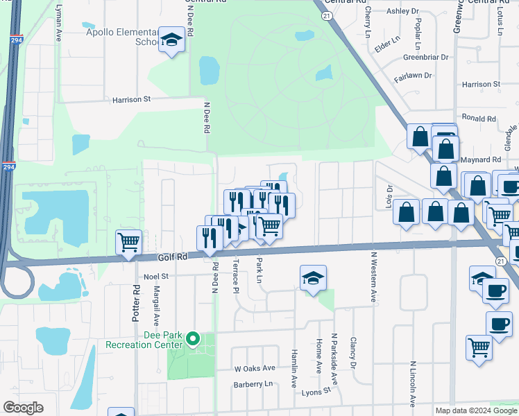 map of restaurants, bars, coffee shops, grocery stores, and more near 9020 West Golf Road in Niles