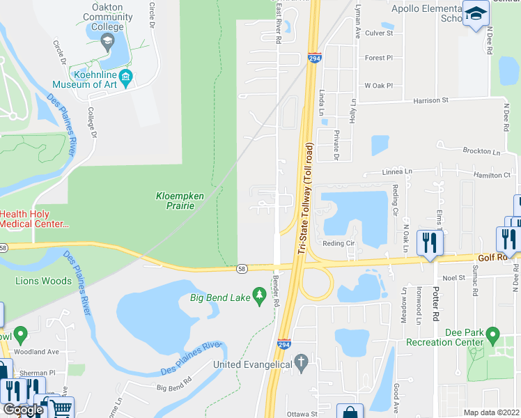 map of restaurants, bars, coffee shops, grocery stores, and more near 150 East River Road in Des Plaines