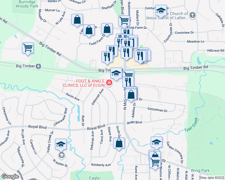 map of restaurants, bars, coffee shops, grocery stores, and more near 8116 Mark Avenue in Elgin
