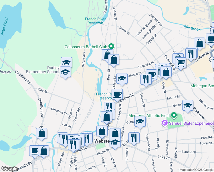 map of restaurants, bars, coffee shops, grocery stores, and more near 9 Church Court in Webster