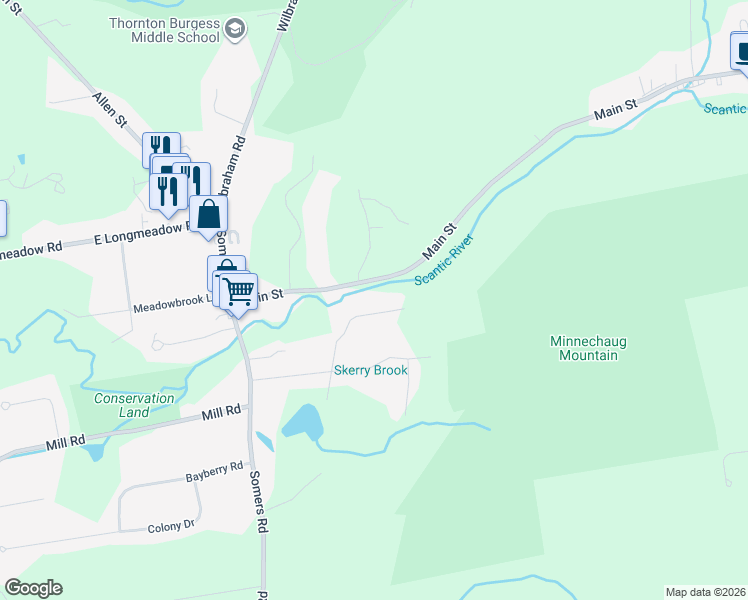 map of restaurants, bars, coffee shops, grocery stores, and more near 26 Walnut Road in Hampden
