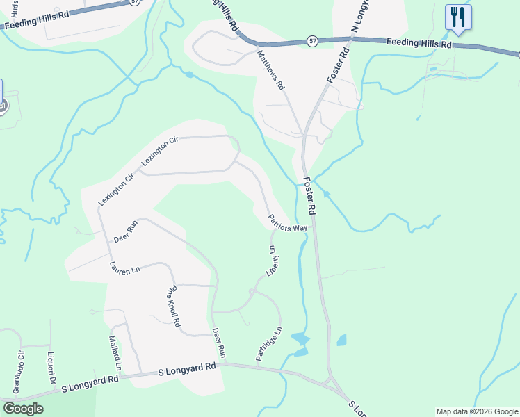 map of restaurants, bars, coffee shops, grocery stores, and more near 49-99 Patriots Way in Southwick