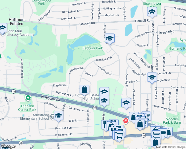 map of restaurants, bars, coffee shops, grocery stores, and more near 1200 Glen Lane in Hoffman Estates