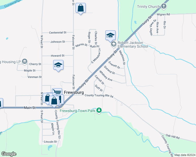 map of restaurants, bars, coffee shops, grocery stores, and more near 0 Carroll Street in Frewsburg
