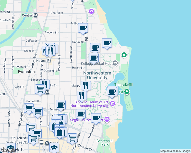 map of restaurants, bars, coffee shops, grocery stores, and more near 2121 Sheridan Road in Evanston