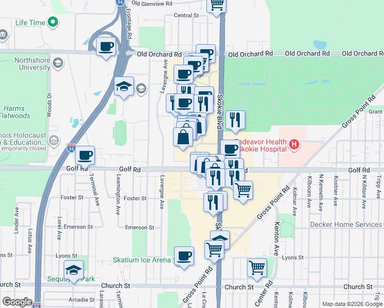 map of restaurants, bars, coffee shops, grocery stores, and more near 4860 Golf Road in Skokie