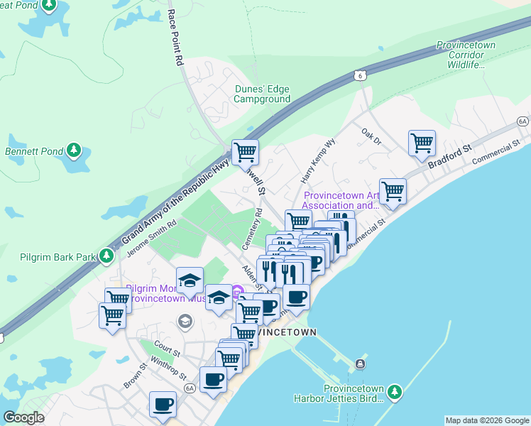 map of restaurants, bars, coffee shops, grocery stores, and more near 16 Conwell Street in Provincetown