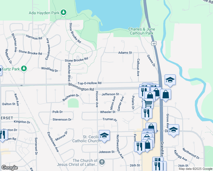 map of restaurants, bars, coffee shops, grocery stores, and more near 1309 Top-O-Hollow Road in Ames
