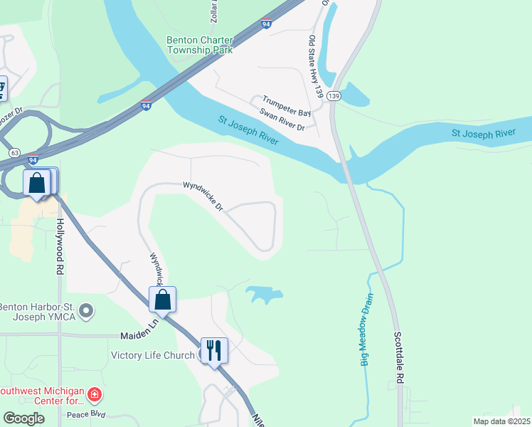 map of restaurants, bars, coffee shops, grocery stores, and more near 2899 Wyndwicke Drive in St. Joseph