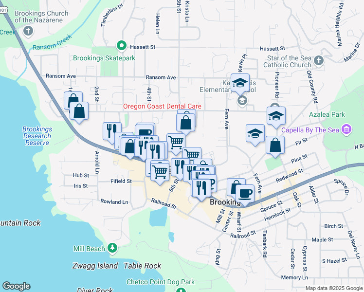 map of restaurants, bars, coffee shops, grocery stores, and more near 550 5th Street in Brookings