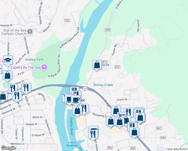 map of restaurants, bars, coffee shops, grocery stores, and more near 97801 South Bank Chetco River Road in Brookings