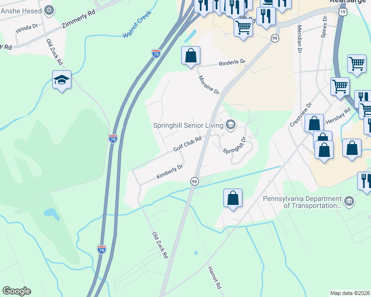 map of restaurants, bars, coffee shops, grocery stores, and more near 2499 Bison Court in Erie