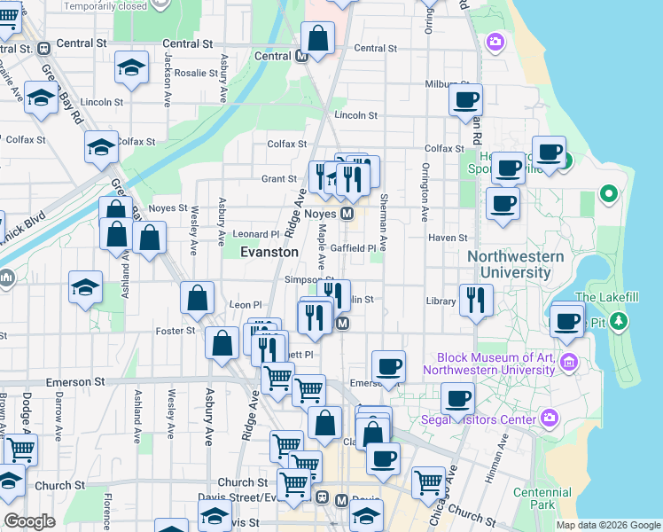 map of restaurants, bars, coffee shops, grocery stores, and more near 911 Gaffield Place in Evanston