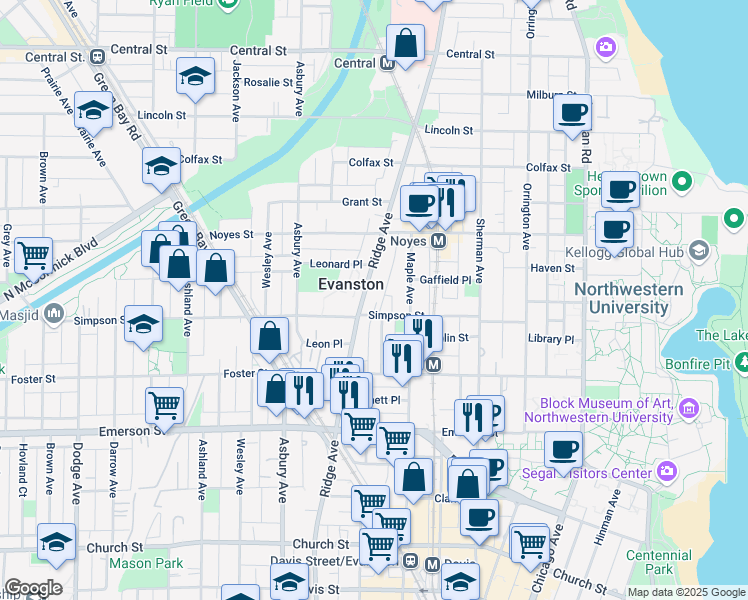 map of restaurants, bars, coffee shops, grocery stores, and more near 2145 Ridge Avenue in Evanston