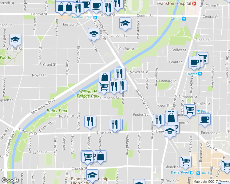 map of restaurants, bars, coffee shops, grocery stores, and more near 2211 Dewey Avenue in Evanston