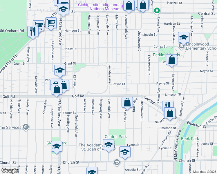 map of restaurants, bars, coffee shops, grocery stores, and more near 3045 Payne Street in Evanston