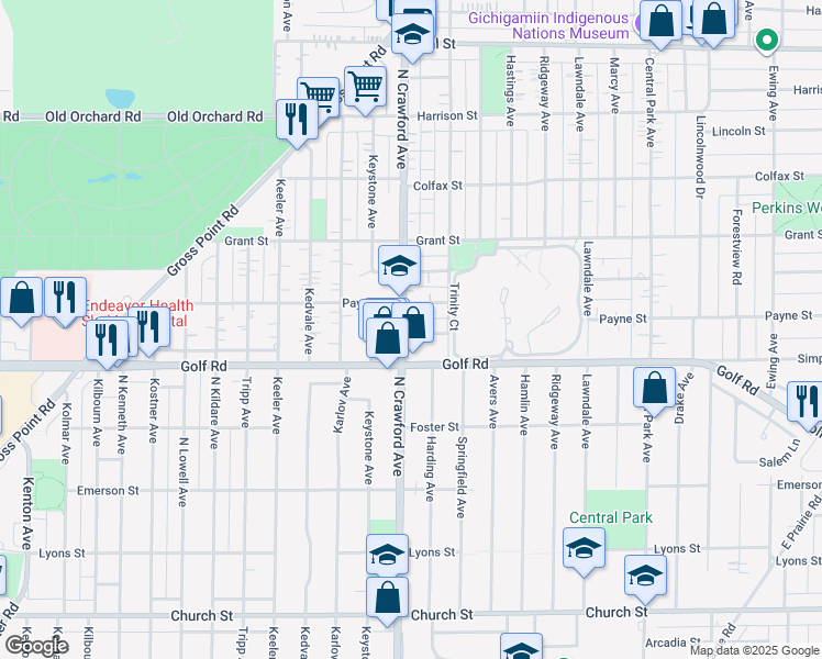 map of restaurants, bars, coffee shops, grocery stores, and more near 9656 Crawford Avenue in Skokie
