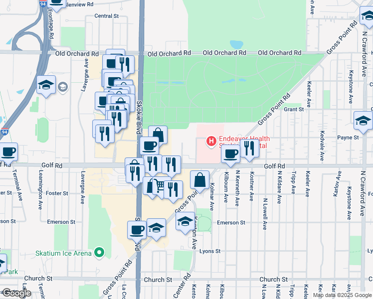map of restaurants, bars, coffee shops, grocery stores, and more near 9700 Kenton Avenue in Skokie