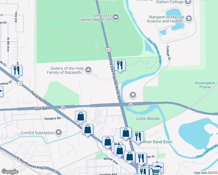 map of restaurants, bars, coffee shops, grocery stores, and more near 150 North River Road in Des Plaines
