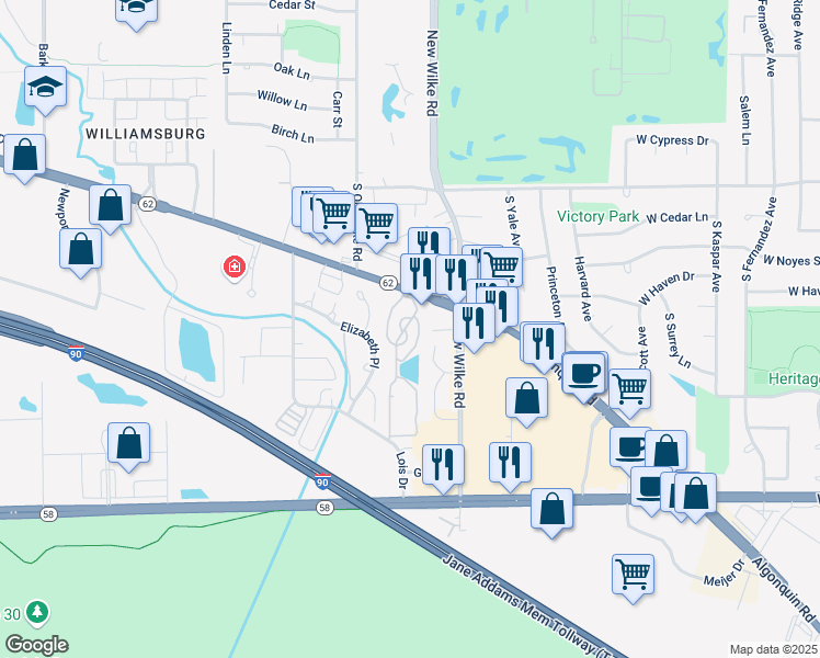 map of restaurants, bars, coffee shops, grocery stores, and more near 5400 Astor Lane in Rolling Meadows