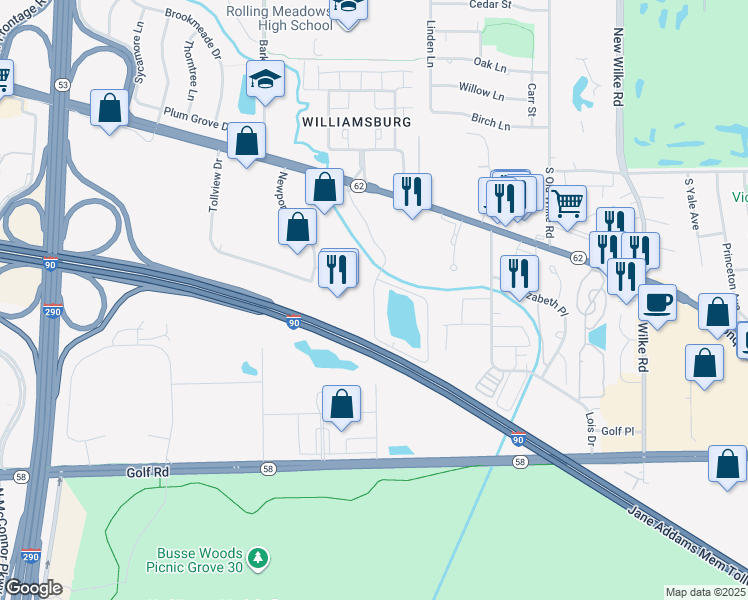 map of restaurants, bars, coffee shops, grocery stores, and more near 5400 Carriageway Drive in Rolling Meadows