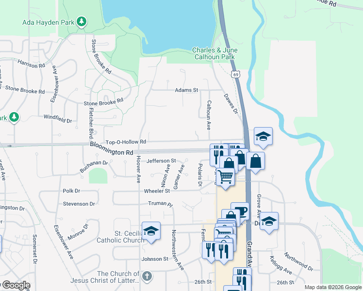 map of restaurants, bars, coffee shops, grocery stores, and more near 1207 Top-O-Hollow Road in Ames