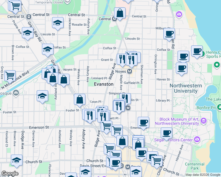 map of restaurants, bars, coffee shops, grocery stores, and more near 2145 Ridge Avenue in Evanston