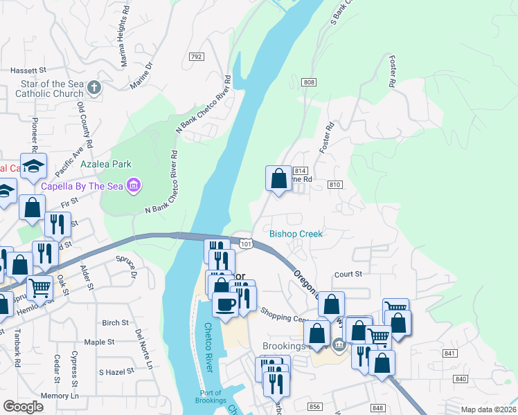 map of restaurants, bars, coffee shops, grocery stores, and more near 97790 South Bank Chetco River Road in Brookings