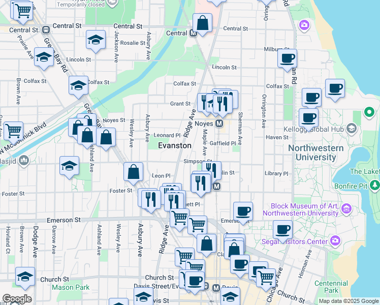 map of restaurants, bars, coffee shops, grocery stores, and more near 2127 Ridge Avenue in Evanston