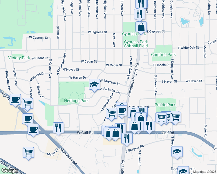 map of restaurants, bars, coffee shops, grocery stores, and more near 110 West Emerson Street in Arlington Heights
