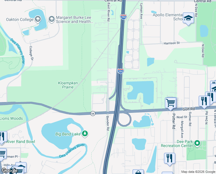 map of restaurants, bars, coffee shops, grocery stores, and more near 160 East River Road in Des Plaines