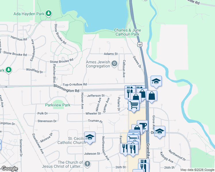 map of restaurants, bars, coffee shops, grocery stores, and more near 1207 Top-O-Hollow Road in Ames