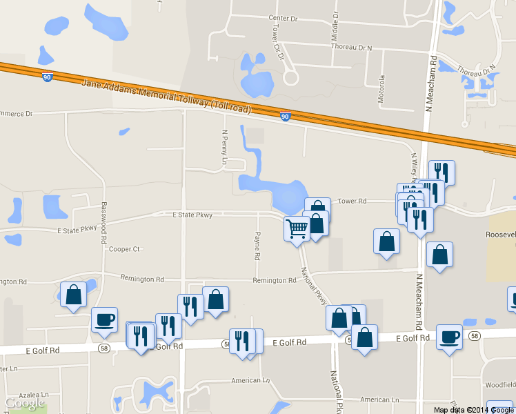 map of restaurants, bars, coffee shops, grocery stores, and more near 1000 E State Pkwy in Schaumburg