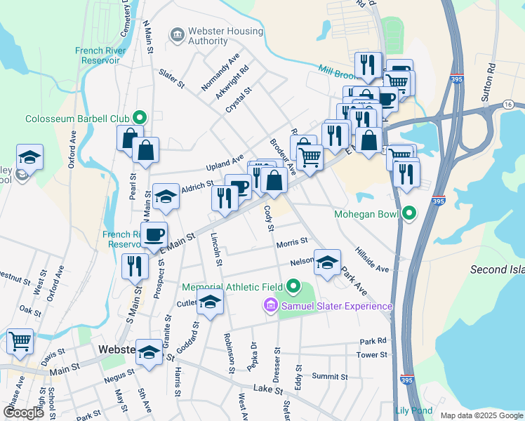 map of restaurants, bars, coffee shops, grocery stores, and more near 71 Massachusetts 12 in Webster