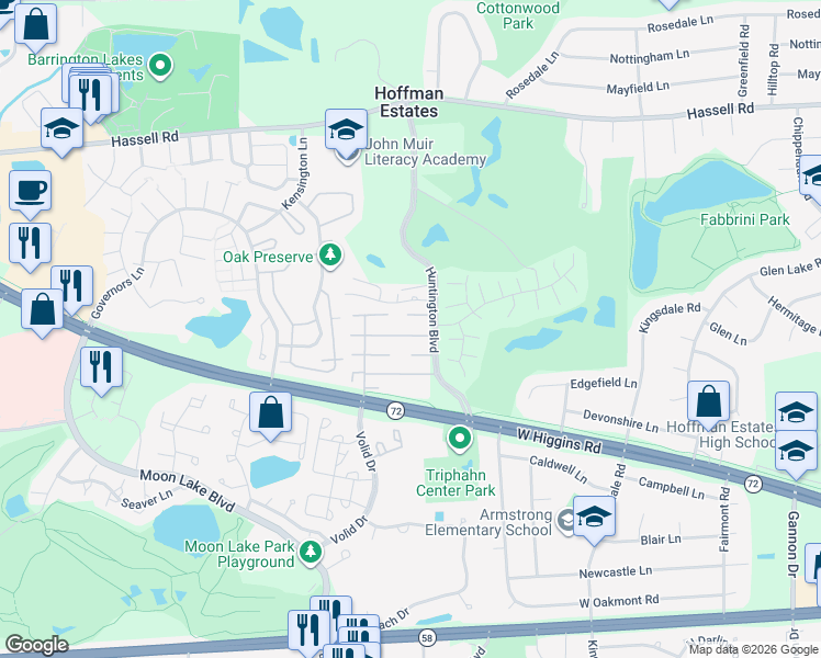 map of restaurants, bars, coffee shops, grocery stores, and more near 1722 Fayette Walk in Hoffman Estates