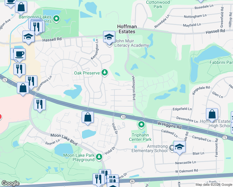 map of restaurants, bars, coffee shops, grocery stores, and more near 1722 Fayette Walk in Hoffman Estates