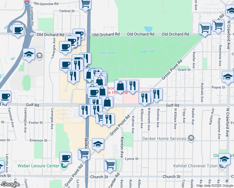 map of restaurants, bars, coffee shops, grocery stores, and more near 9700 Kenton Avenue in Skokie