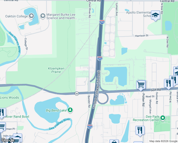 map of restaurants, bars, coffee shops, grocery stores, and more near 160 East River Road in Des Plaines