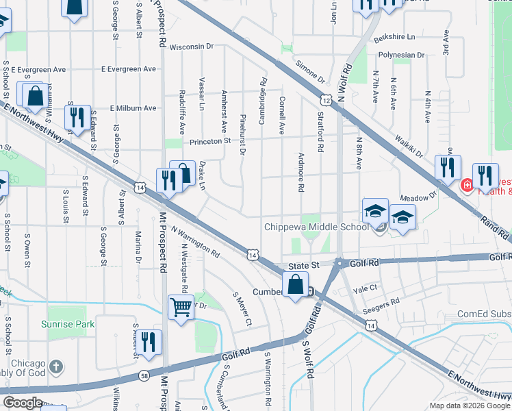 map of restaurants, bars, coffee shops, grocery stores, and more near 263 Cambridge Road in Des Plaines